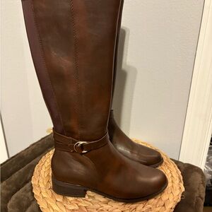 Brown Leather like Knee-High Boots